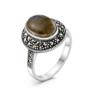 Кольцо из чернёного серебра с натуральным лабрадоритом и марказитами