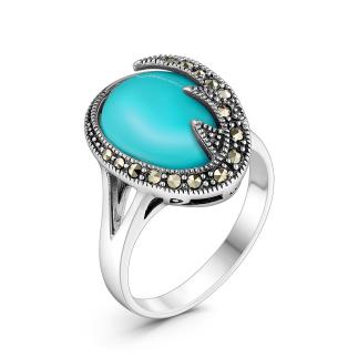 Кольцо из чернёного серебра с реконструированной бирюзой и марказитами