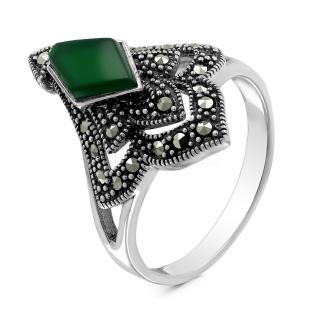 Кольцо из чернёного серебра с нат.зелёным агатом и марказитами