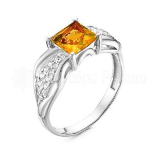 Кольцо из серебра с кварцем цитрин и фианитами родированное