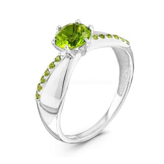 Кольцо из серебра с пл.кварцем цв.хризолит и фианитами родированное