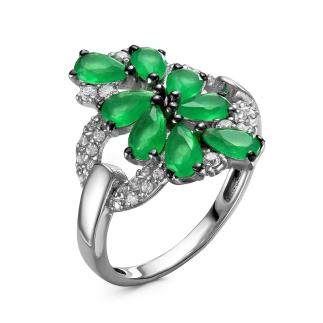 Кольцо из серебра с пл.зелёным кварцем и фианитами родированное