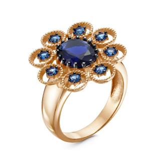 Кольцо из золочёного серебра с пл. кварцем цв. сапфир и фианитами 