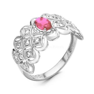 Кольцо из серебра с корундом рубин и фианитами родированное