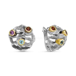 Серьги из  серебра с нат. топазом, нат. аметистом, нат. гранатом с золочением родированные