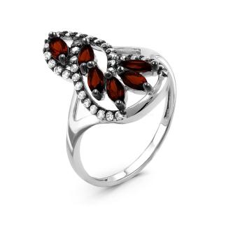 Кольцо из серебра с пл.кварцем цв.гранат и фианитами родированное