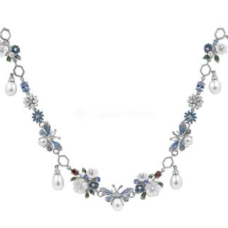 Колье из серебра с культ. жемчугом, перламутром, нат. топазом, юв. стеклом, кб. цирконием и эмалью 