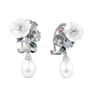 Серьги из родир.серебра с культ.жемчугом,перламутром,нат.топазом,юв.стеклом,эмалью и кб.цирконием