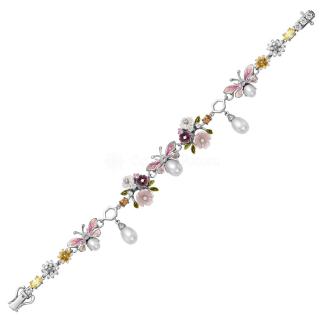 Браслет из серебра с культ.жемчугом, перламутром, юв.стеклом, куб.цирконием и эмалью родированный