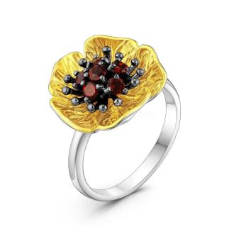Кольцо из серебра с нат.гранатом и позолотой родированное