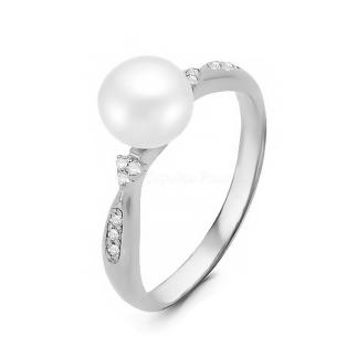 Кольцо из серебра с жемчугом Сваровски и фианитами родированное