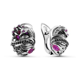 Серьги из серебра с жемчугом Swarovski цв. черный, синт. рубином и фианитами родированные
