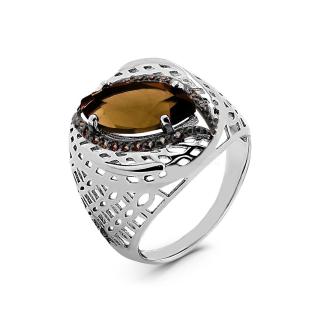 Кольцо из серебра с кварцем раухтопаз и фианитами родированное