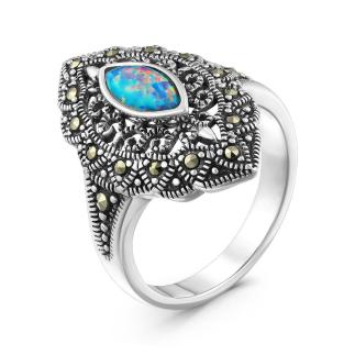 Кольцо женское из чернёного серебра с синтетическим опалом и марказитами