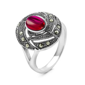 Кольцо из чернёного серебра с корундом рубиновым и марказитами