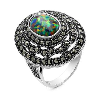Кольцо из чернёного серебра с синт.опалом и марказитами