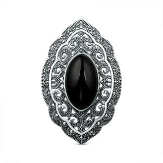 Брошь-кулон из чернёного серебра с ониксом и марказитами