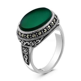 Кольцо из чернёного серебра с нат.зелёным агатом и марказитами
