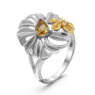 Кольцо из серебра с нат.цитрином, фианитами и золочением родированное