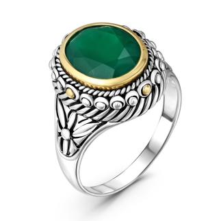 Кольцо из серебра с нат.зелёным агатом и золочением