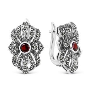 Серьги из чернёного серебра с нат.гранатом и марказитами