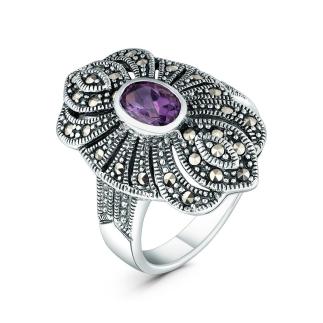 Кольцо из чернёного серебра с аметистом и марказитами