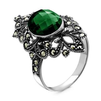 Кольцо из чернёного серебра с нат.зелёным агатом и марказитами
