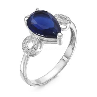 Кольцо из родированного серебра с пл.кварцем цв сапфир и фианитами