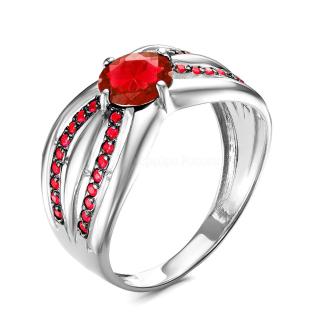 Кольцо из серебра с пл. кварцем цв. гранат и фианитами родированное