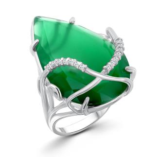 Кольцо из серебра с пл.кварцем цв. зелёный агат и фианитами родированное