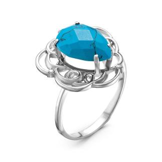 Кольцо из серебра с рек. бирюзой и фианитами родированное