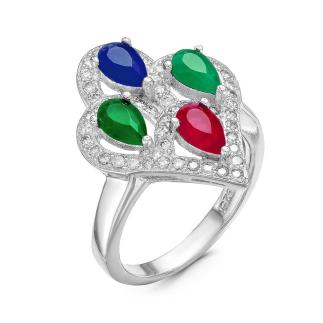 Кольцо из серебра с пл.зелёным кварцем, пл.кварцем цв.рубин, цв.сапфир и фианитами родированное