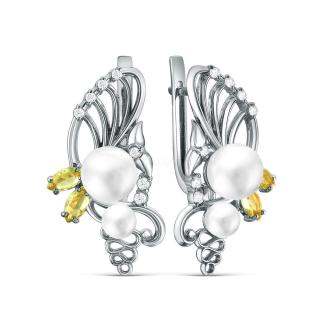Серьги из серебра с жемчугом Сваровски, плавленым кварцем и фианитами родированные