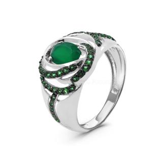 Кольцо из серебра с нат. агатом и фианитами родированное