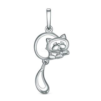 Подвеска из серебра с фианитами родированная - Кот (подвижный хвост)