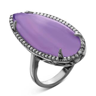 Кольцо из серебра с пл.кварцем цв.аметист и фианитами родированное