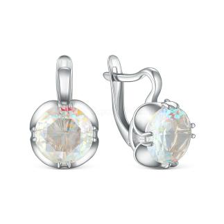 Серьги из серебра с плавленым кварцем радужного цвета родированные