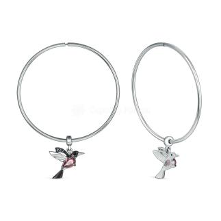 Серьги-конго из серебра с плавленым кварцем цвета родолит, лондон топаз, чёрный, родированные - Птички, Трансформеры (2 в 1)