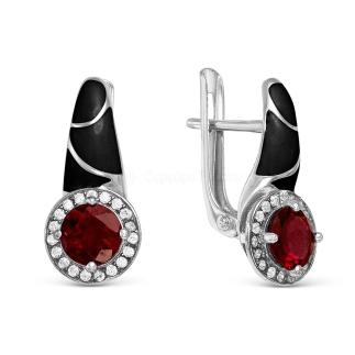 Серьги из серебра с нат.гранатом, куб.цирконием и эмалью родированные