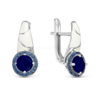 Серьги из серебра с корундом сапфировым, наноситаллом цв.сапфир и эмалью родированные