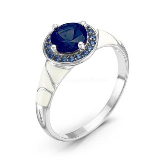 Кольцо из серебра с корундом сапфировым, наноситаллом цв.сапфир и эмалью родированное