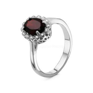 Кольцо из серебра с нат. гранатом и  куб. цирконием родированное