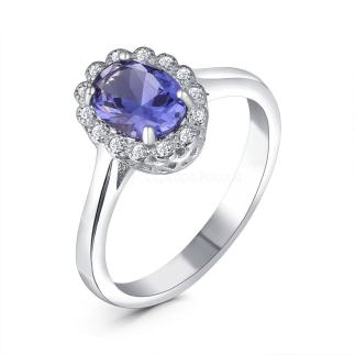 Кольцо из серебра с ситаллом цвета танзанит и кубическим цирконием родированное