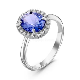 Кольцо из серебра с ситаллом цв.танзанит и куб.цирконием родированное