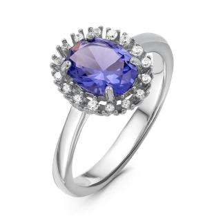 Кольцо из серебра с ситаллом цв.танзанит и куб.цирконием родированное