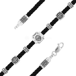 Браслет религиозный из чернёного серебра (на текстильном шнурке, с подвижными элементами)