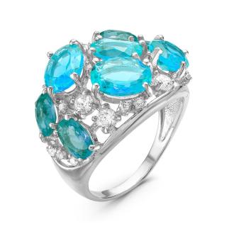 Кольцо из серебра с пл.кварцами цв.swiss топаз, цв.индиголит и фианитами родированное