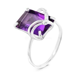 Кольцо из серебра с пл.кварцем цв.аметист и фианитами родированное