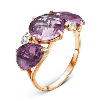 Кольцо из золочёного серебра с пл.кварцем цв.аметист и фианитами