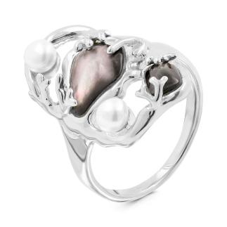 Кольцо из серебра с культ. жемчугом и перламутром родированное 